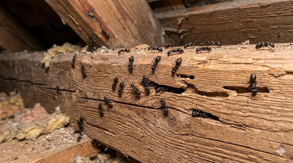 Poutre de bois creusée par des fourmis charpentières : dommages causés par une infestation non traitée